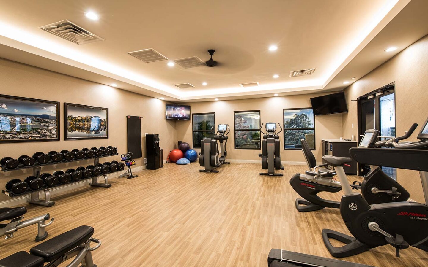 gym room with fitness equipment and weights