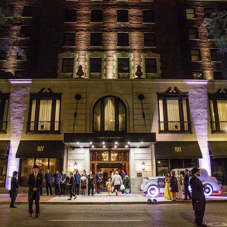 outdoor front entrance of the read house hotel at night time