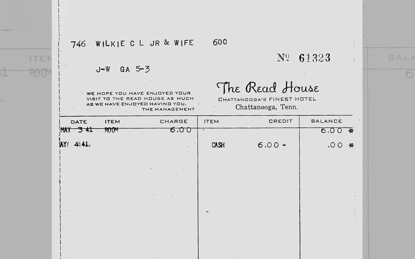 vintage receipt for a guestroom stay at the read house hotel