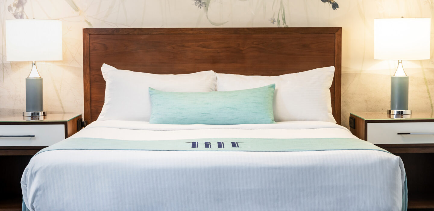 room with a double bed and 2 table lamp on side of it