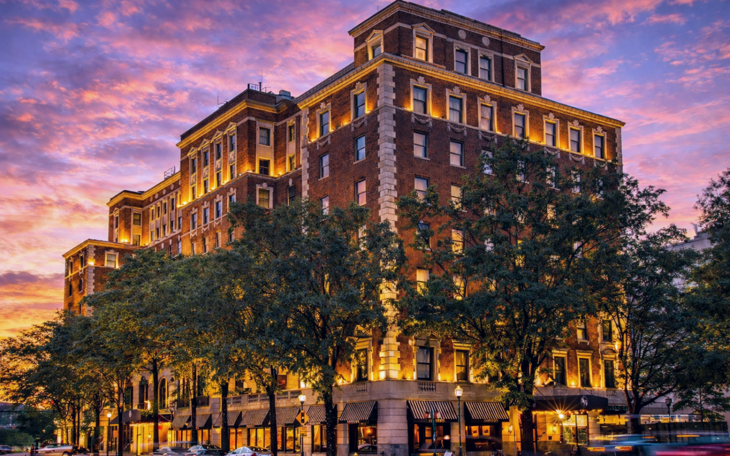 exterior image of the hotel at sunset