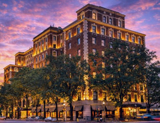 exterior image of the hotel at sunset