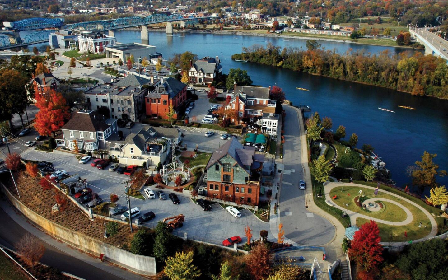 aerial view of a group of buildings along a river