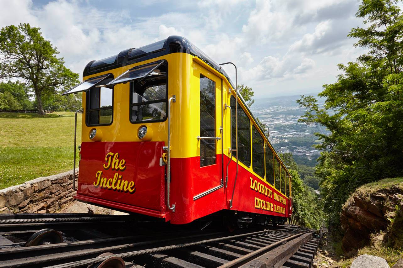 a railway car climbing a steep slope