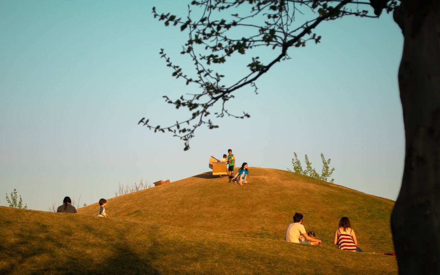 groups of people sitting on a grassy hill