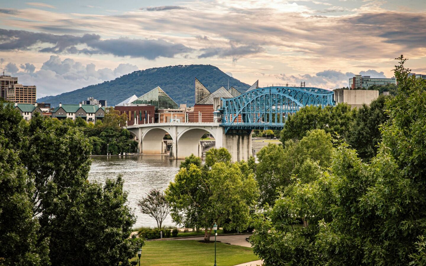 an arch bridge spanning a river